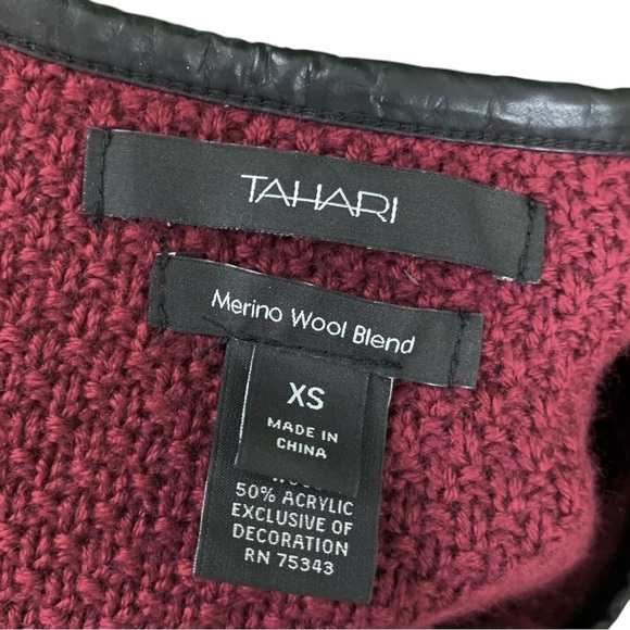 Tahari Merino Wool Knit Faux Leather Tassel Cardigan Sweater Red Black Size XS - Picture 6 of 7